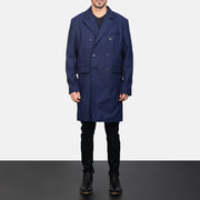 Men's Blue Wool Double Breasted Coat - Lateral Side Profile View Showing Sleeve Cut &amp; Athletic Taper Fit