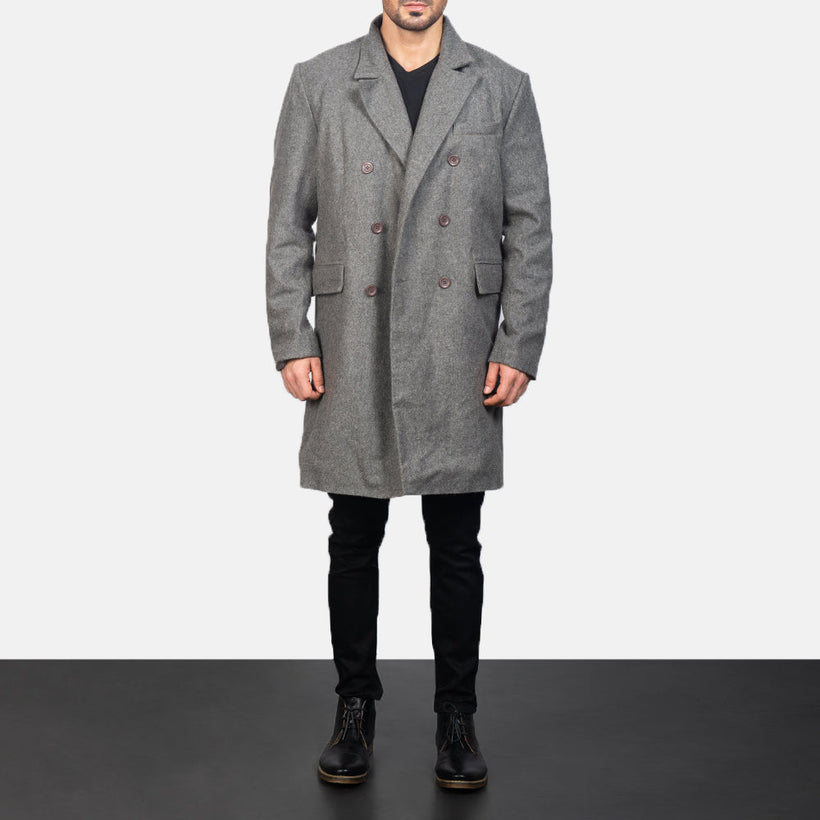 Claud Grigio Wool Double-Breasted Cappotto in Pelle da Uomo