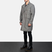Grey Synthetic Wool Trench Coat - Vista posteriore Showing Tailored Shoulder Fit &amp; Clean Hemline