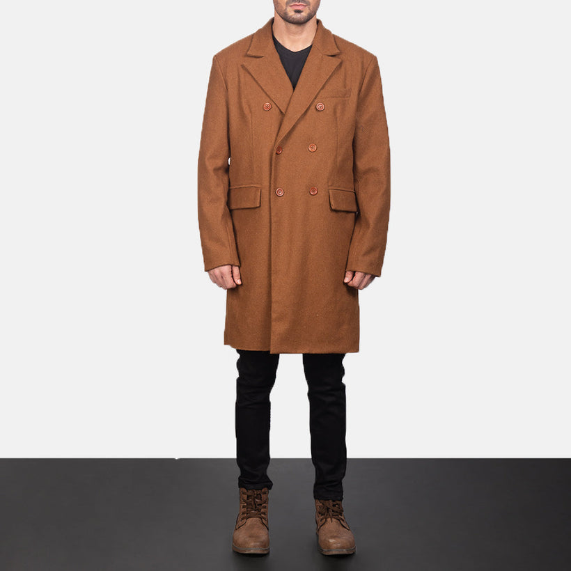 Claud Khaki Wool Double-Breasted Cappotto in Pelle da Uomo