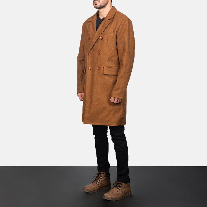 Claud Khaki Wool Double-Breasted Cappotto in Pelle da Uomo