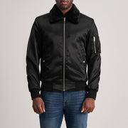 Clyde B-15 Black Bomber Jacket in Black Satin - Vista frontale e linea su misura | Acquista online