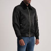 Black Satin Bomber Jacket - Vista posteriore Showing Tailored Shoulder Fit &amp; Clean Hemline