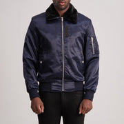 Clyde B-15 Blue Bomber Jacket in Blue Satin - Vista frontale e linea su misura | Acquista online