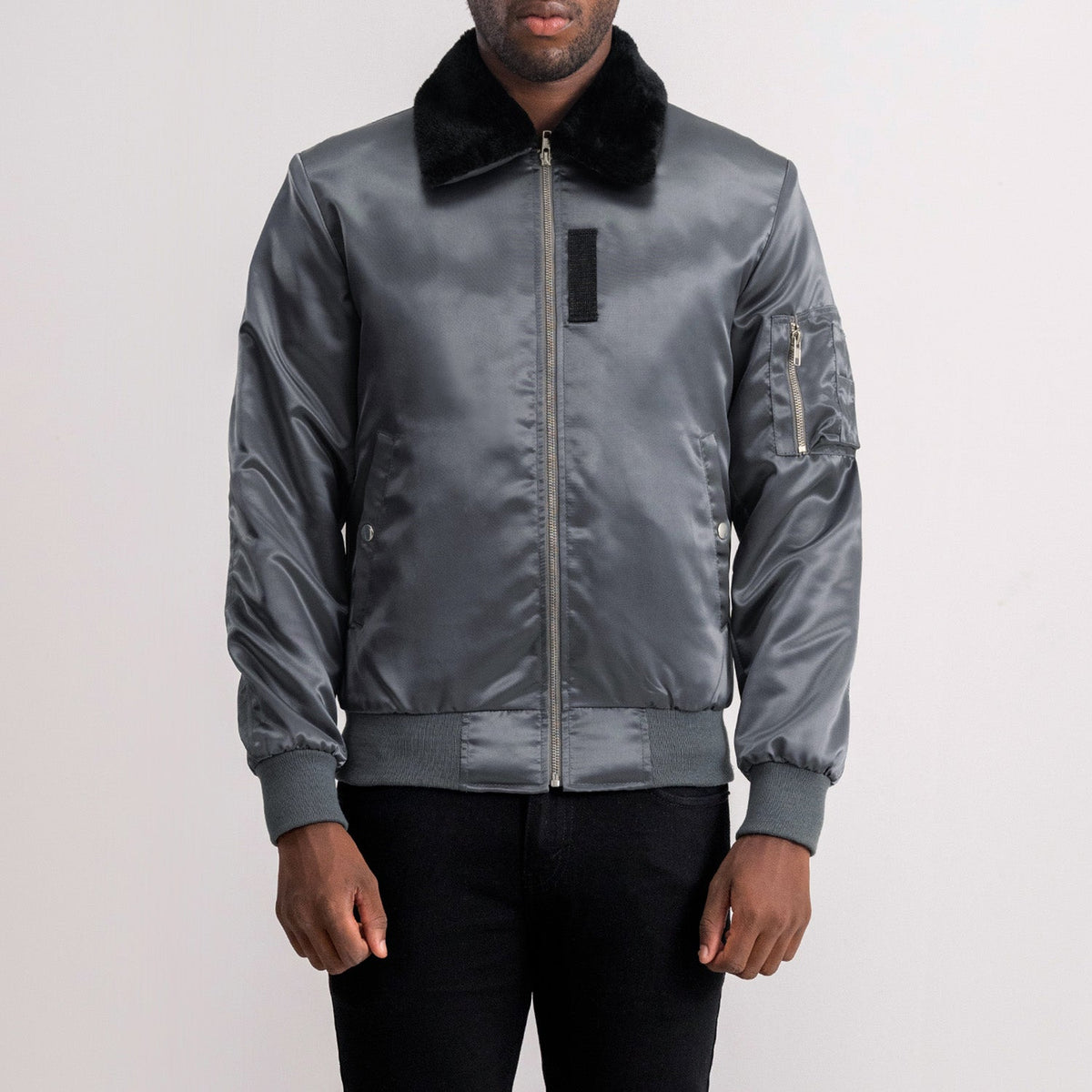 Clyde B-15 Grey Bomber Jacket in Grey Satin - Vista frontale e linea su misura | Acquista online