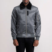 Clyde B-15 Grey Bomber Jacket in Grey Satin - Vista frontale e linea su misura | Acquista online