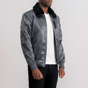 Grey Satin Bomber Jacket - Vista posteriore Showing Tailored Shoulder Fit &amp; Clean Hemline