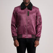 Clyde B-15 Bordeaux Bomber in Pelle da Uomo in Maroon Satin - Vista frontale e linea su misura | Acquista online