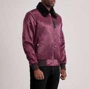 Maroon Satin Bomber Jacket - Vista posteriore Showing Tailored Shoulder Fit &amp; Clean Hemline