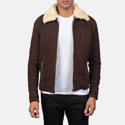 Men's Coffner Marrone Shearling Fur Giacca in Pelle da Uomo in Distressed Brown Goatskin Suede - Vista frontale e linea su misura | Acquista online