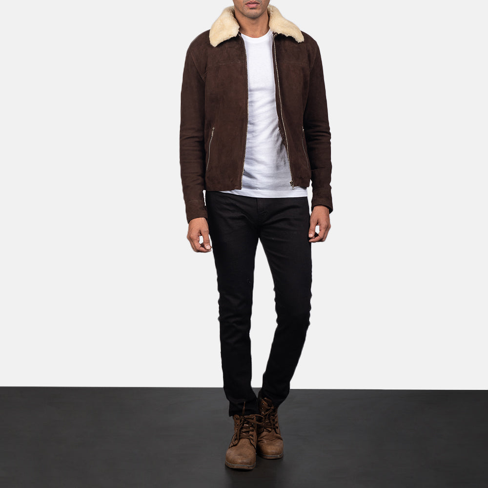 Men's Coffner Marrone Shearling Fur Giacca in Pelle da Uomo - Lateral Side Profile View Showing Sleeve Cut &amp; Athletic Taper Fit