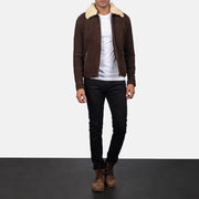 Men's Coffner Marrone Shearling Fur Giacca in Pelle da Uomo - Lateral Side Profile View Showing Sleeve Cut &amp; Athletic Taper Fit