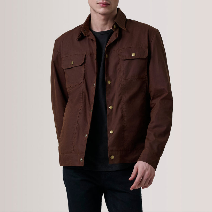 Colberto Marrone Waxed Canvas Trucker Giacca in Pelle da Uomo