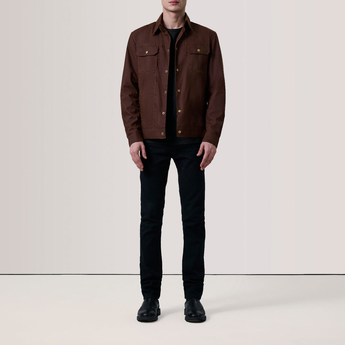 
Brown Waxed Cotton Canvas Leather Jacket - Vista posteriore con spalle definite e orlo pulito