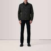 
Olive Waxed Cotton Canvas Leather Jacket - Vista posteriore con spalle definite e orlo pulito