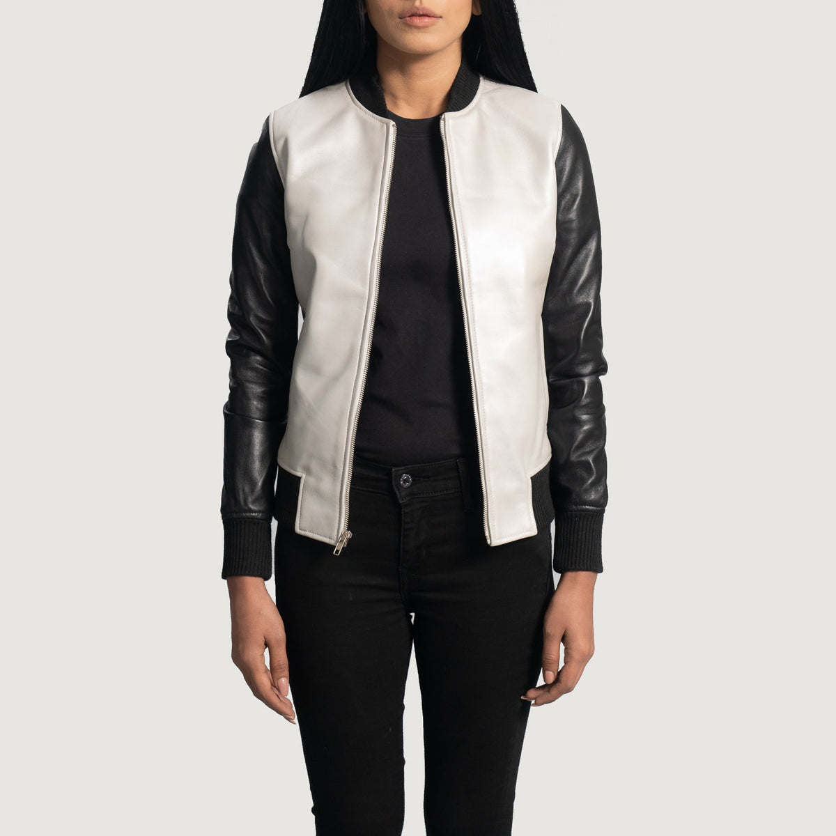 Women's Cole Silver Bomber in Pelle da Donna - Lateral Side Profile View Showing Sleeve Cut &amp; Athletic Taper Fit