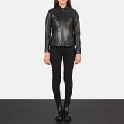 Dettaglio ravvicinato of Shirt &amp; Zipper Hardware on Women Colette Nero Giacca in Pelle da Donna