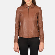 Dettaglio ravvicinato of Shirt &amp; Zipper Hardware on Women Colette Marrone Giacca in Pelle da Donna