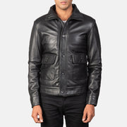 Norman Black Hooded Bomber Leather Puffer Jacket in Blue Sheepskin Leather - Vista frontale e linea su misura | Acquista online
