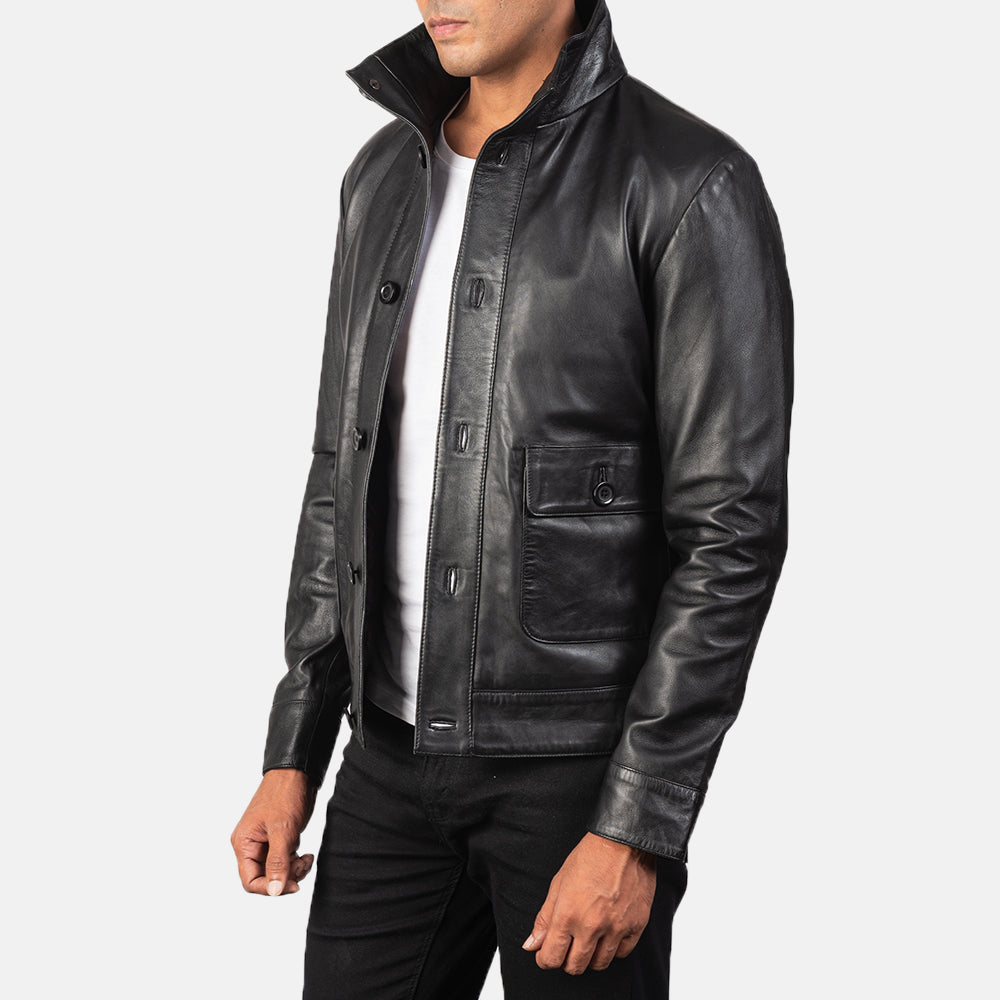 Blue Sheepskin Leather Bomber Jacket - Vista posteriore Showing Tailored Shoulder Fit &amp; Clean Hemline