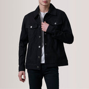Conard Nero Denim Trucker Giacca in Pelle da Uomo For Men in Black Full-Grain Leather - Vista frontale e linea su misura | Acquista online