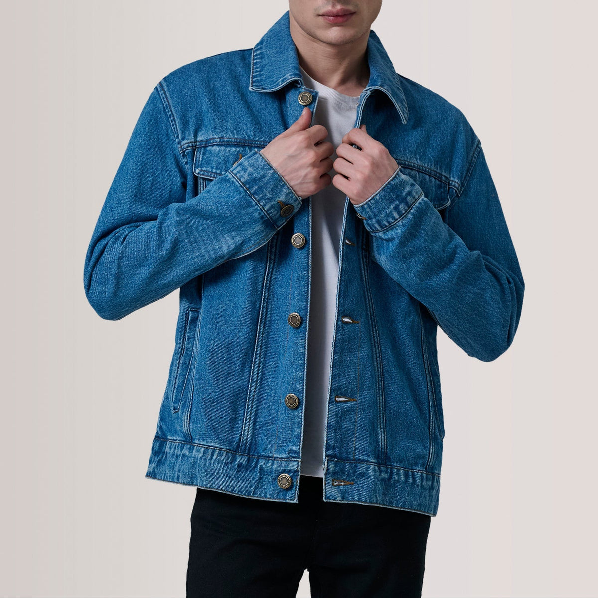 Conard Blu Denim Trucker Giacca in Pelle da Uomo For Men in Blue Full-Grain Leather - Vista frontale e linea su misura | Acquista online