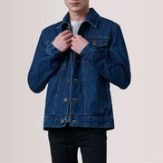 Conard Dark Blu Denim Trucker Giacca in Pelle da Uomo For Men in Dark Blue Full-Grain Leather - Vista frontale e linea su misura | Acquista online