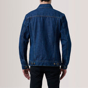 Dettaglio ravvicinato of Classic Collar &amp; Heavy-Duty Zipper Hardware on Conard Dark Blu Denim Trucker Giacca in Pelle da Uomo For Men