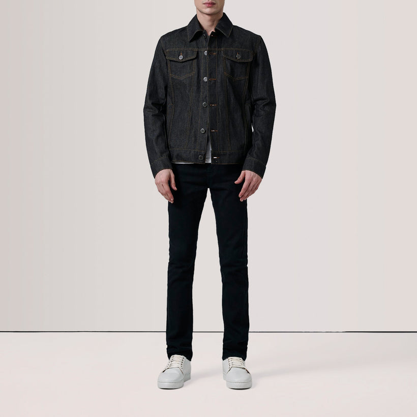Conard Faded Nero Denim Trucker Giacca in Pelle da Uomo