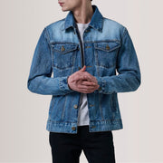 Conard Ice Blu Denim Trucker Giacca in Pelle da Uomo For Men in Ice Blue Full-Grain Leather - Vista frontale e linea su misura | Acquista online