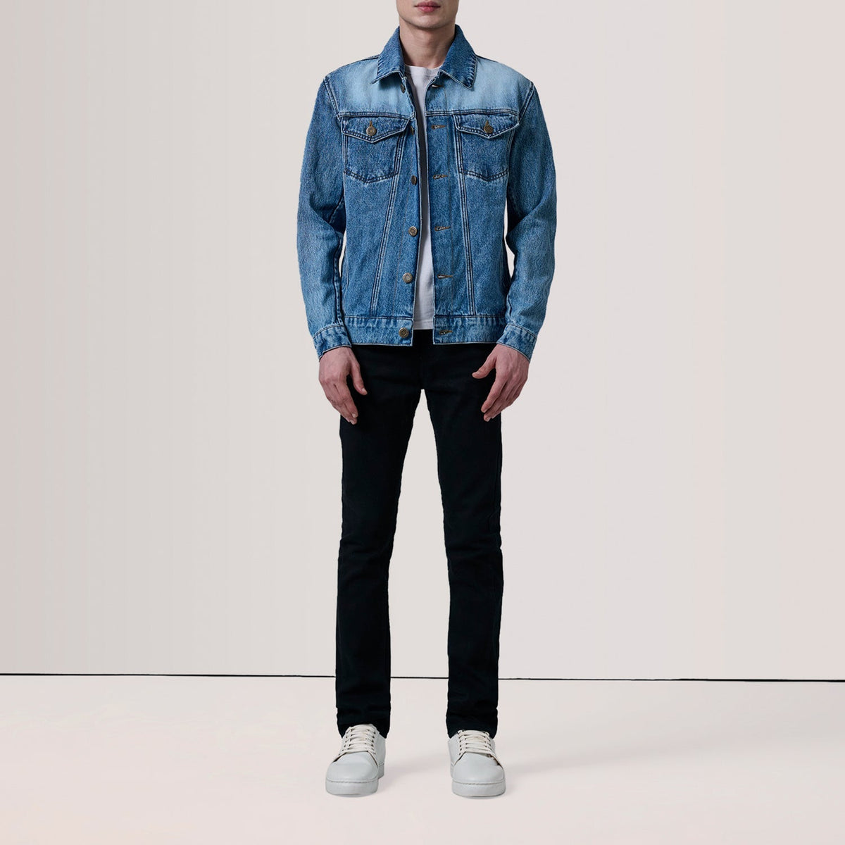 Ice Blue Full-Grain leather Jacket - Vista posteriore Showing Tailored Shoulder Fit &amp; Clean Hemline