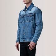 Conard Ice Blu Denim Trucker Giacca in Pelle da Uomo For Men - Lateral Side Profile View Showing Sleeve Cut &amp; Athletic Taper Fit