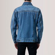 Dettaglio ravvicinato of Classic Collar &amp; Heavy-Duty Zipper Hardware on Conard Ice Blu Denim Trucker Giacca in Pelle da Uomo For Men