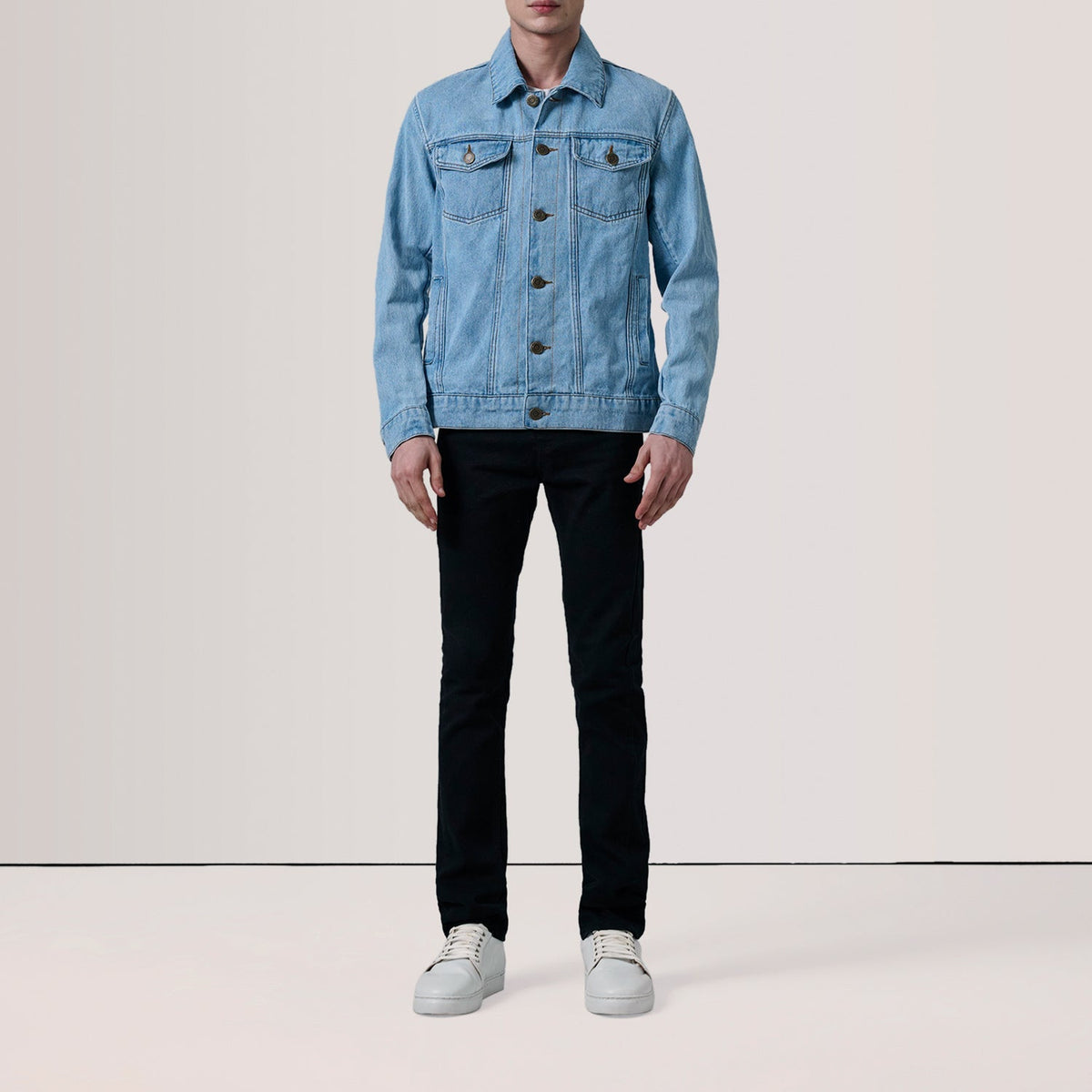 Light Blue Full-Grain leather Jacket - Vista posteriore Showing Tailored Shoulder Fit &amp; Clean Hemline
