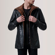 Connor Black Leather Coat For Men in Black Sheepskin Leather - Vista frontale e linea su misura | Acquista online