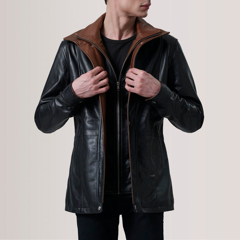 Connor Black Leather Coat For Men in Black Sheepskin Leather - Front Profile View & Tailored Silhouette | Buy Online