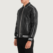 Black Sheepskin Leather Varsity Jacket - Vista posteriore Showing Tailored Shoulder Fit &amp; Clean Hemline