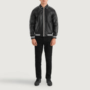 Cooper Nero Leather Varsity Giacca in Pelle da Uomo - Lateral Side Profile View Showing Sleeve Cut &amp; Athletic Taper Fit