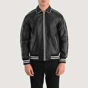 Dettaglio ravvicinato of Shirt collar &amp; Zipper Hardware on Cooper Nero Leather Varsity Giacca in Pelle da Uomo