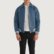 Cooper Blu Leather Varsity Giacca in Pelle da Uomo in Blue Sheepskin Leather - Vista frontale e linea su misura | Acquista online
