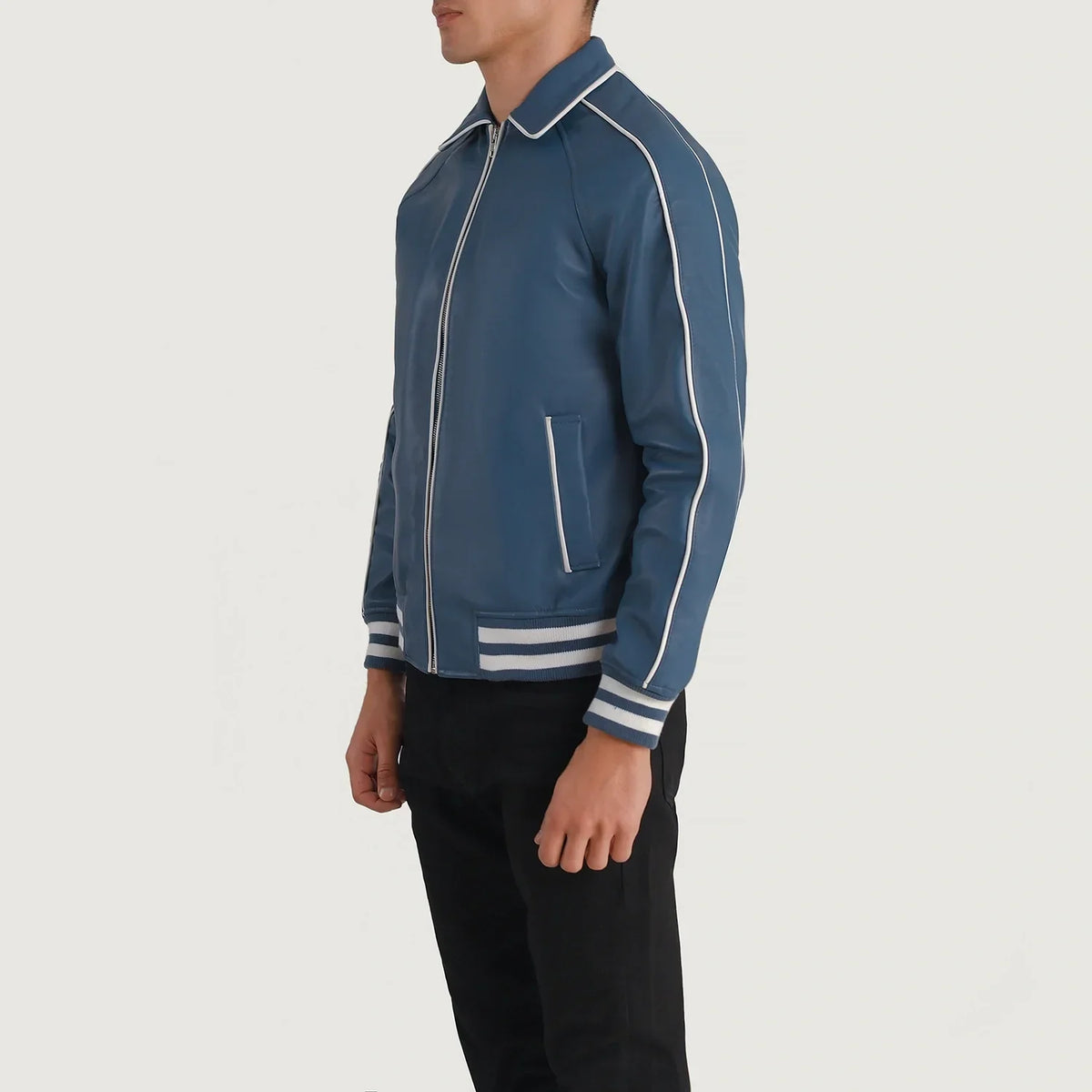 Blue Sheepskin Leather Varsity Jacket - Vista posteriore Showing Tailored Shoulder Fit &amp; Clean Hemline