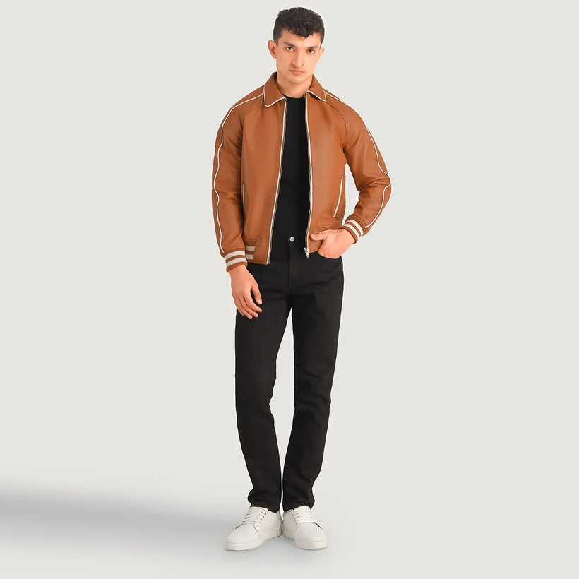 Cooper Cuoio Marrone Leather Varsity Giacca in Pelle da Uomo