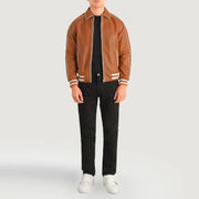 Cooper Cuoio Marrone Leather Varsity Giacca in Pelle da Uomo - Lateral Side Profile View Showing Sleeve Cut &amp; Athletic Taper Fit