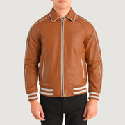 Dettaglio ravvicinato of Shirt collar &amp; Zipper Hardware on Cooper Cuoio Marrone Leather Varsity Giacca in Pelle da Uomo