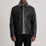 Dallis Nero Leather Shearling Trucker Giacca in Pelle da Uomo in Black Sheepskin Leather - Vista frontale e linea su misura | Acquista online