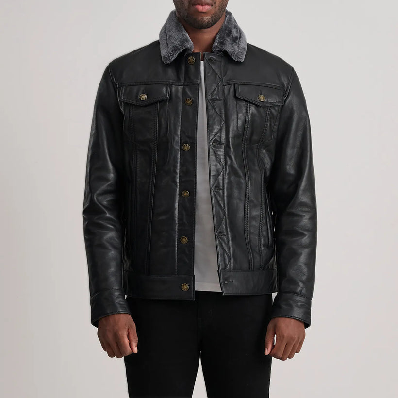 Dallis Nero Leather Shearling Trucker Giacca in Pelle da Uomo