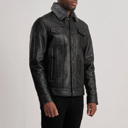 Black Sheepskin Leather Aviator Jacket - Vista posteriore Showing Tailored Shoulder Fit &amp; Clean Hemline