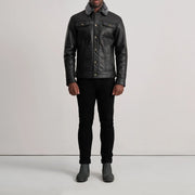 Dallis Nero Leather Shearling Trucker Giacca in Pelle da Uomo - Lateral Side Profile View Showing Sleeve Cut &amp; Athletic Taper Fit