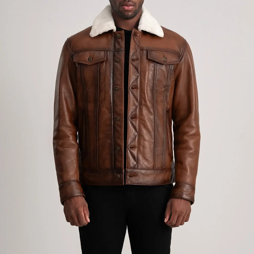 Dallis Marrone Leather Shearling Trucker Giacca in Pelle da Uomo