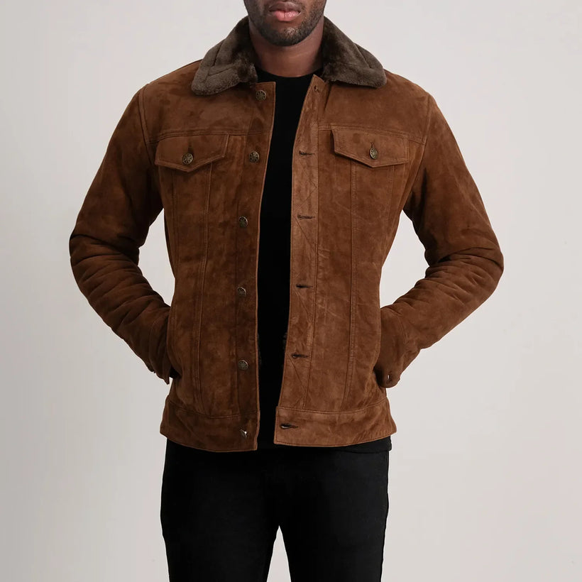 Dallis Marrone Suede Shearling Trucker Giacca in Pelle da Uomo